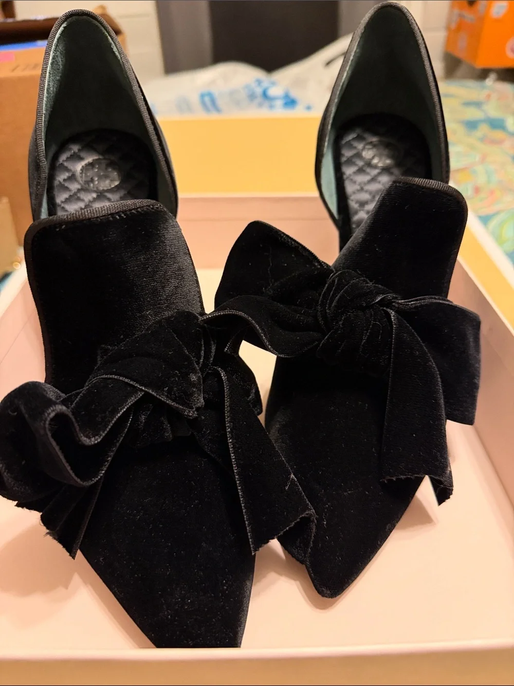 Tory Burch Black Velvet Pointed Toe Bow Flats